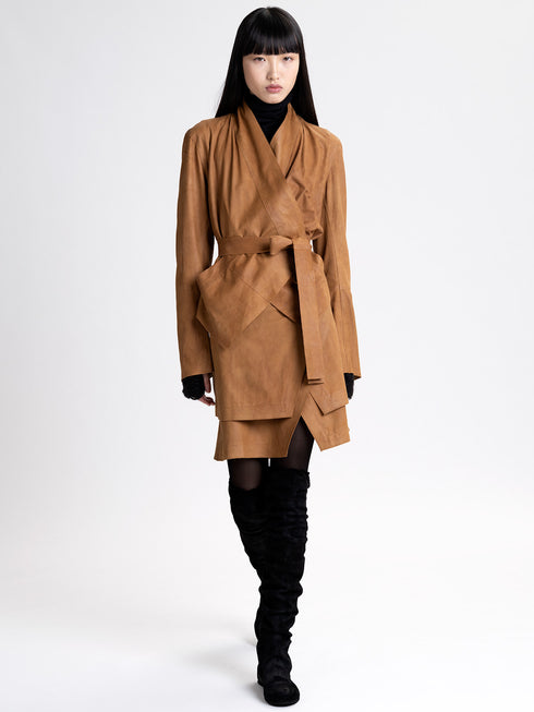 Suede High Neck Cross Over Jacket bronze brown