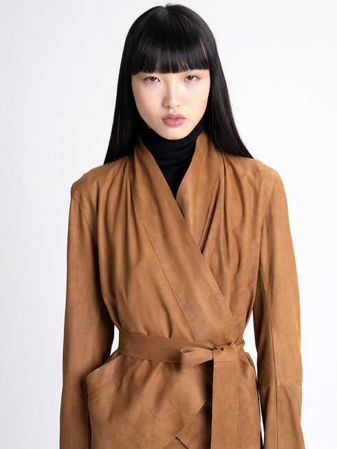 Suede High Neck Cross Over Jacket bronze brown