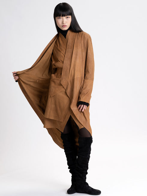 Suede High Neck Cross Over Coat brown bronze