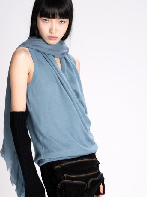 Blue Sleeveless Cross Front Cashmere Sweater Frenckenberger
