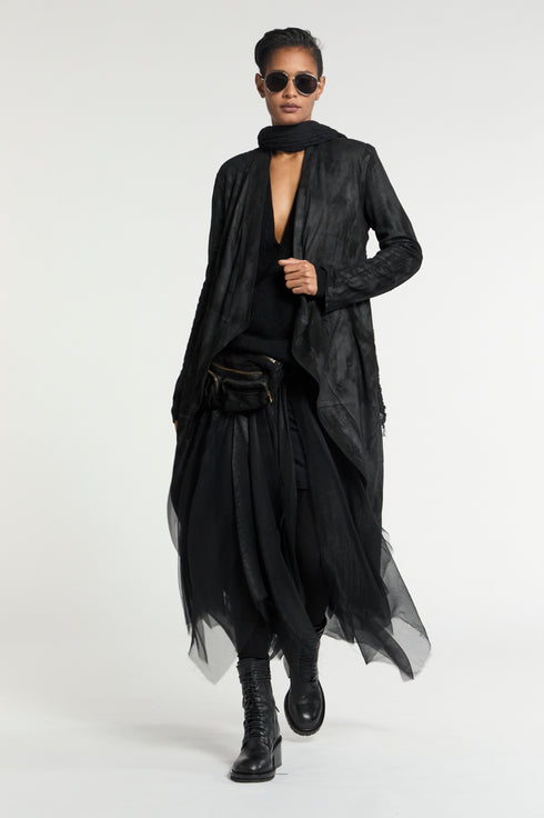 Suede High Neck Cross Over Coat black