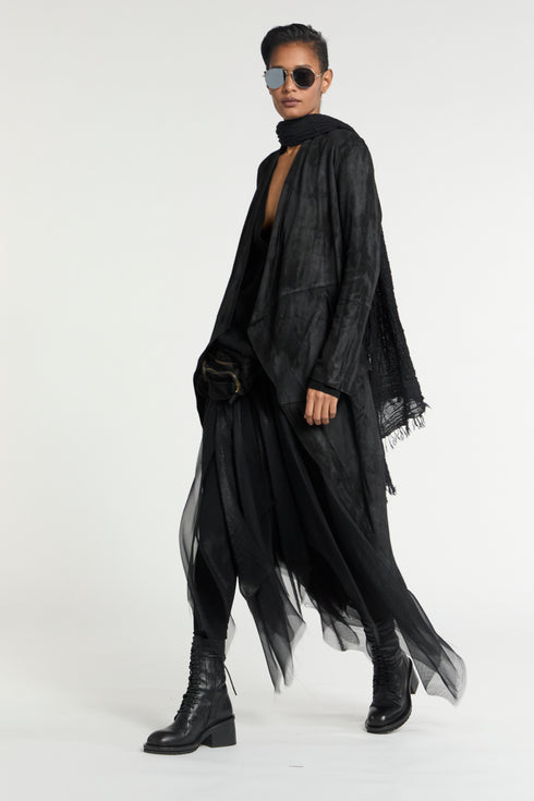 Suede High Neck Cross Over Coat black