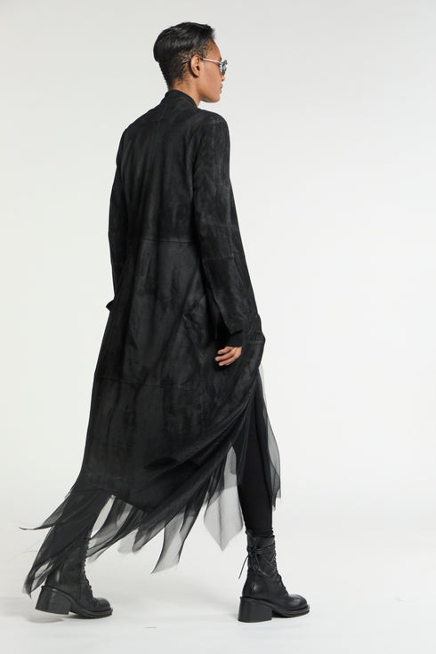 Suede High Neck Cross Over Coat black