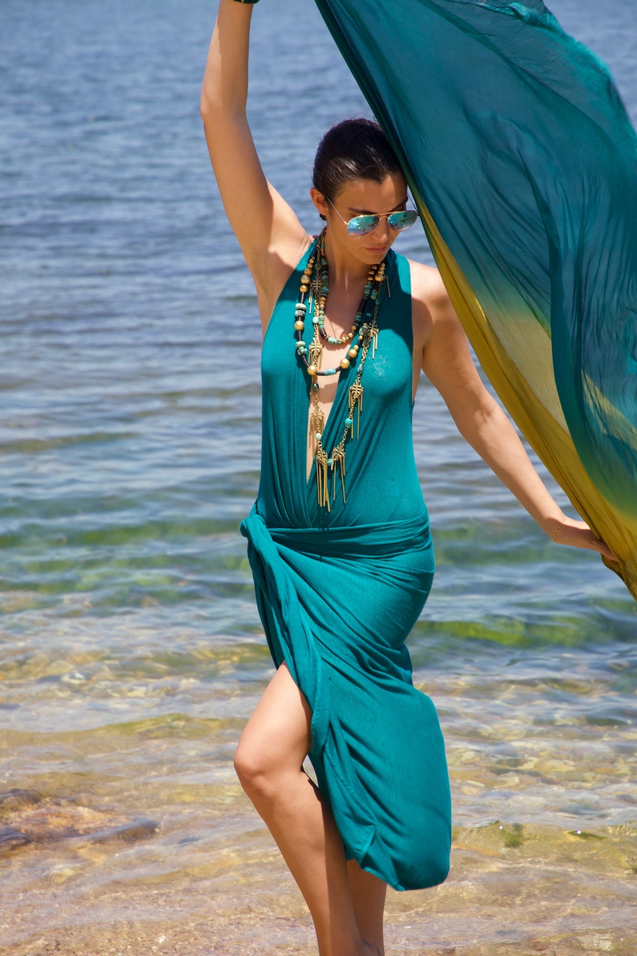 Linen Jersey V Neck Bodysuit Urban Zen Aqua XS S M L