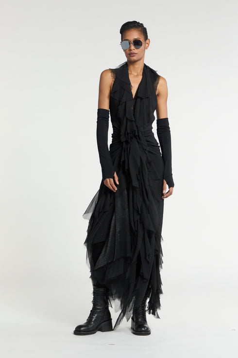 Atelier Urban Stretch Wrap Tie Ruffle Dress Black