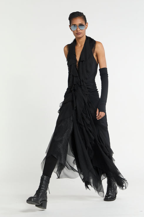Atelier Urban Stretch Wrap Tie Ruffle Dress Black