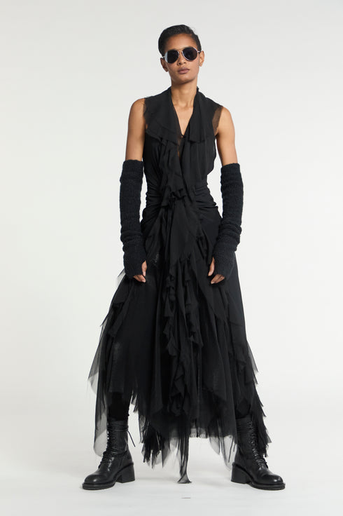 Atelier Urban Stretch Wrap Tie Ruffle Dress Black