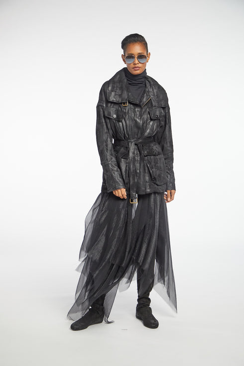 Waxed Suede Long Padded Coat black