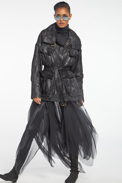 Waxed Suede Long Padded Coat black