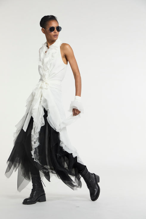 Atelier Urban Stretch Wrap Tie Ruffle Dress Ivory White