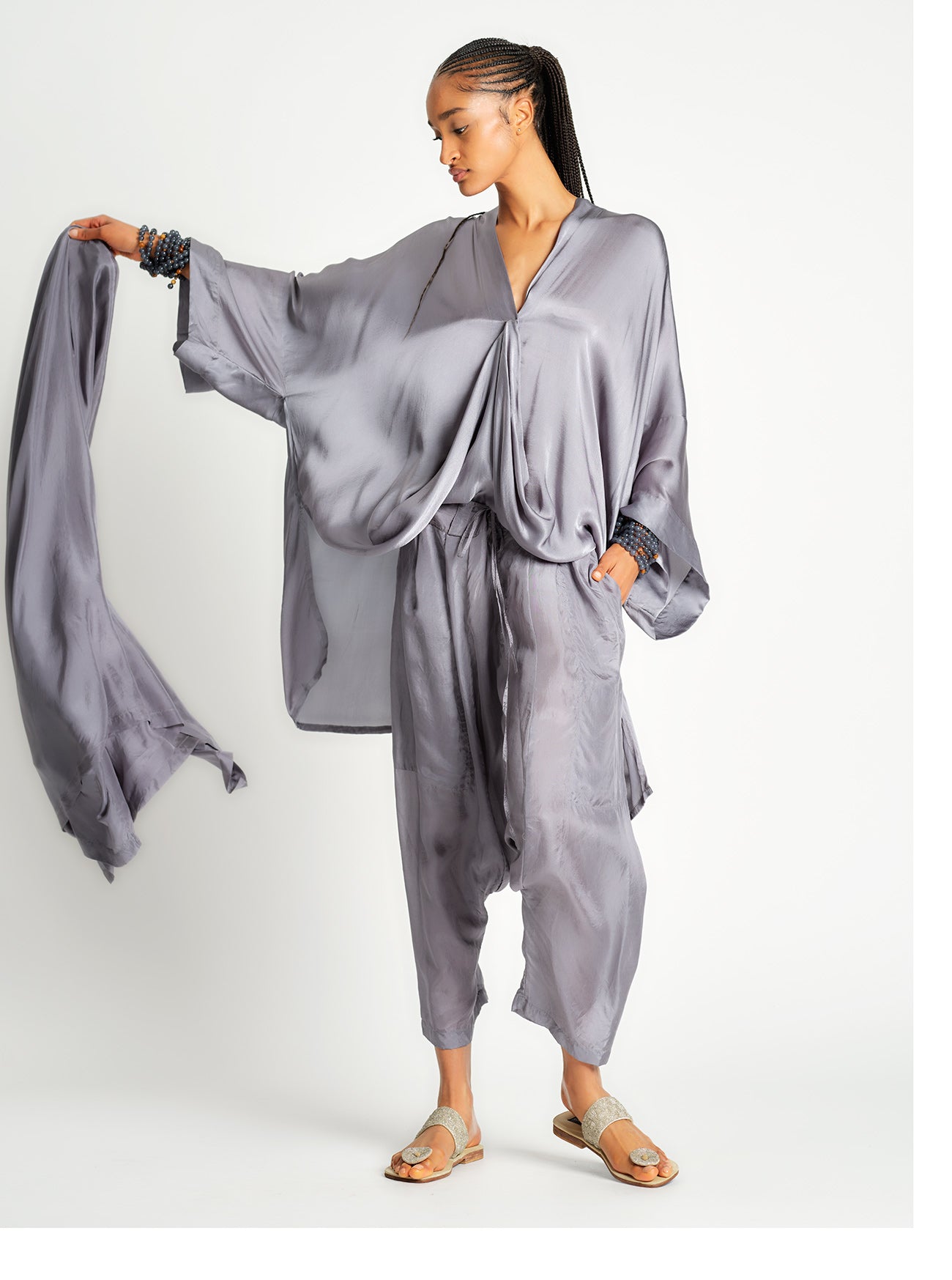 Solid Light Weight Silk Scarf Silver P/S M/L