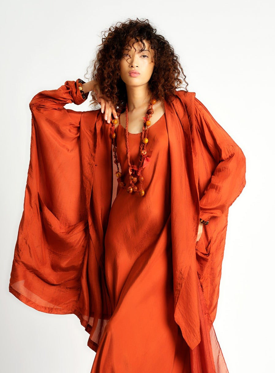 Silk Hooded Cardigan Rust