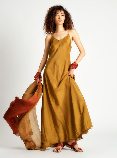 Silk Double Layer Slip Dress Cork Brown