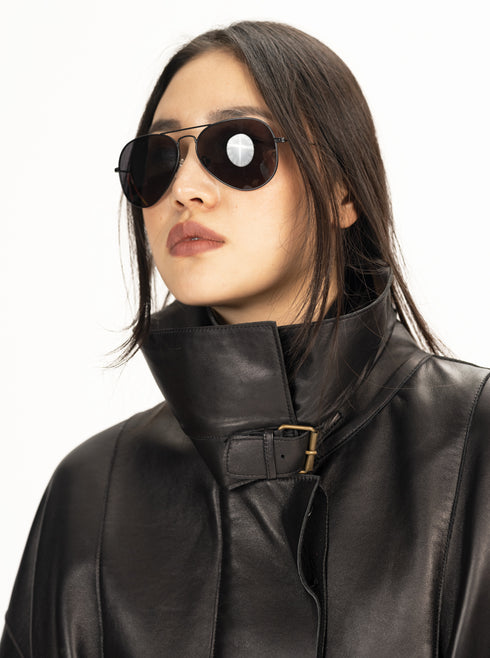 Leather High Neck Jacket Black XS S M