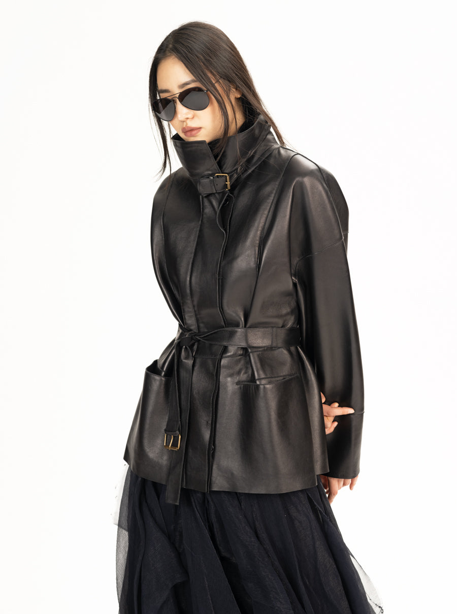 Leather High Neck Jacket Black XS S M