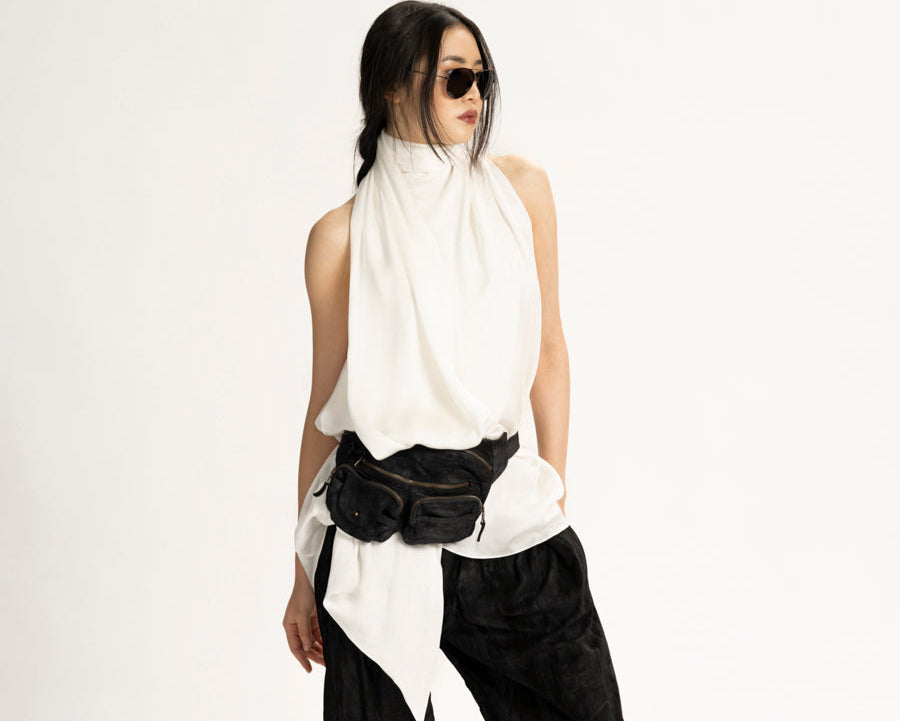 Silk Charmeuse Sleeveless Scarf Top Ivory XS S M L