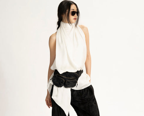 Silk Charmeuse Sleeveless Scarf Top Ivory XS S M L