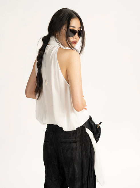 Silk Charmeuse Sleeveless Scarf Top Ivory XS S M L