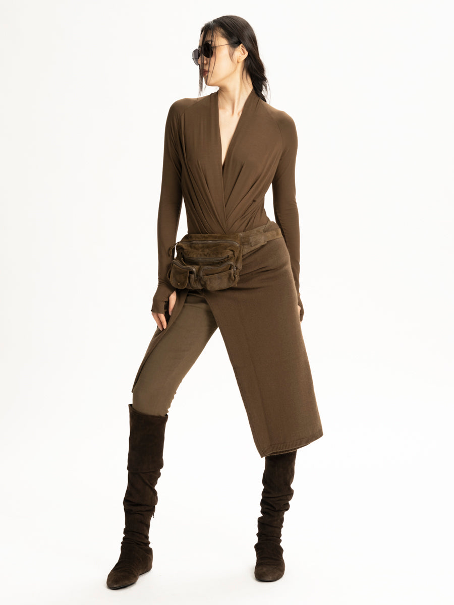 Jersey Long Sleeve V- Neck Bodysuit Brown