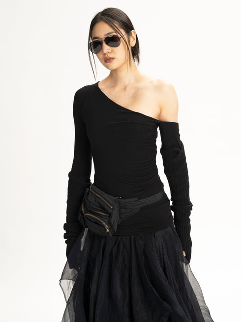 One Shoulder Long Sleeve Top Black