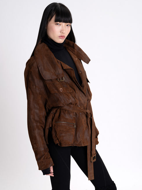 Blousoned Waxed Suede Jacket Russet Brown