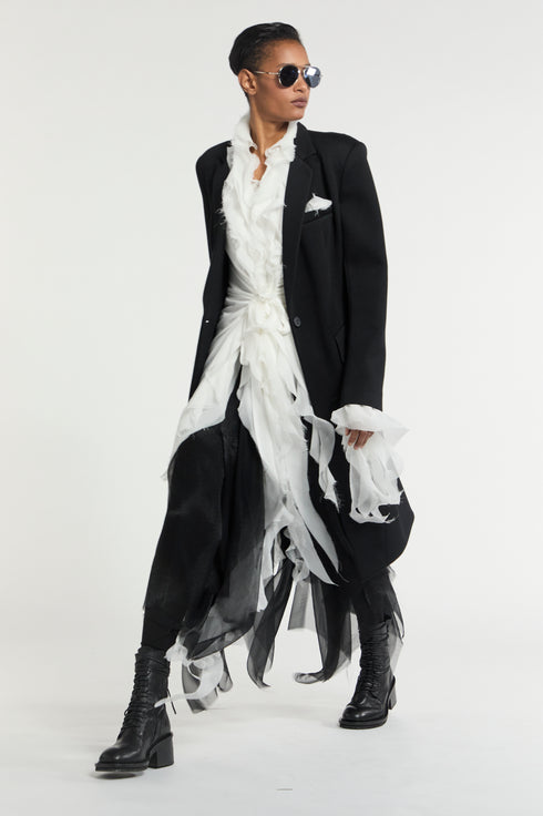 Neoprene Notch Collar Long Coat Balck