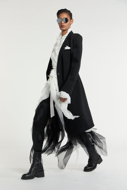 Neoprene Notch Collar Long Coat Black