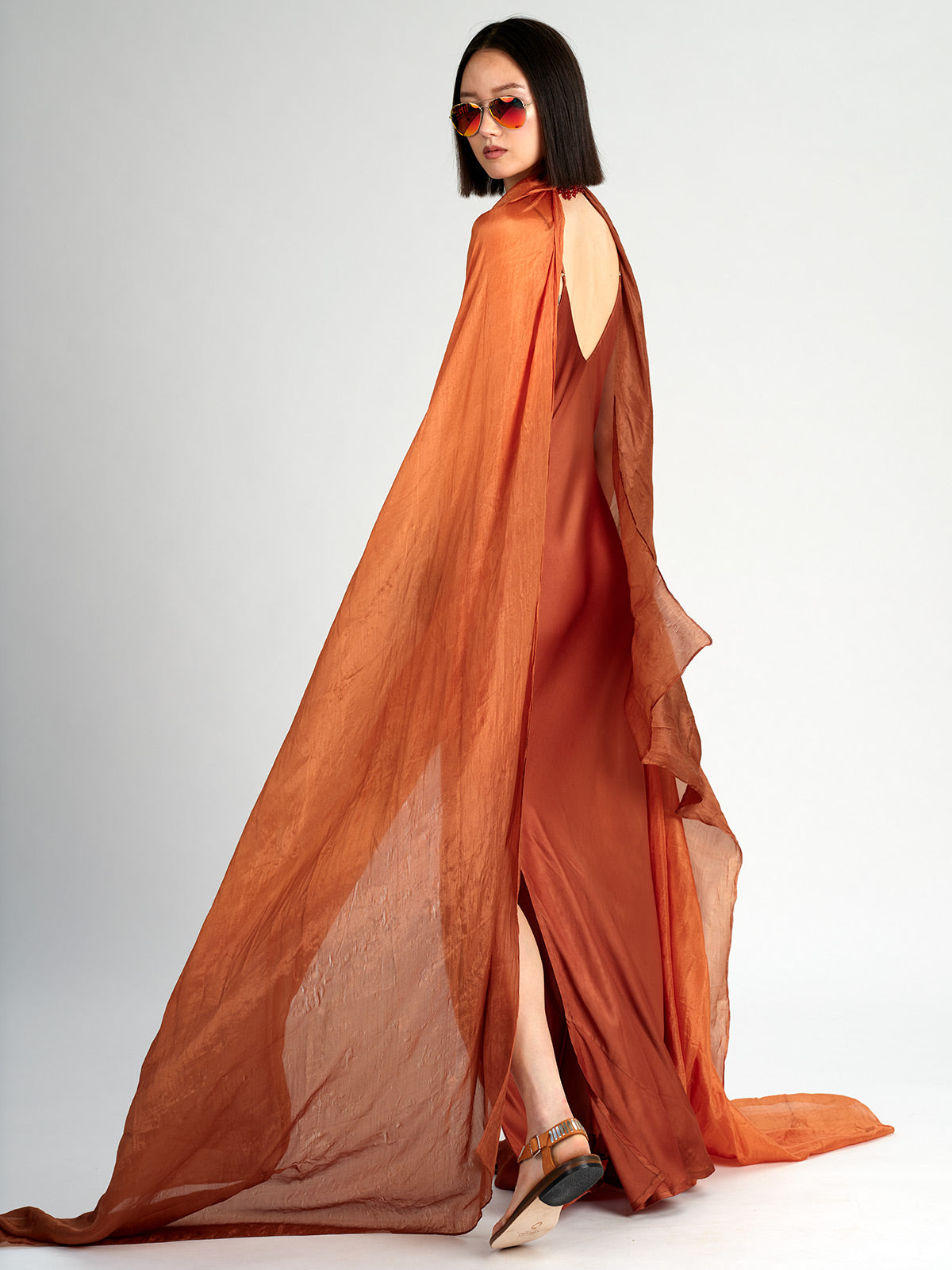 v neck maxi slip dress sandstone orange brown