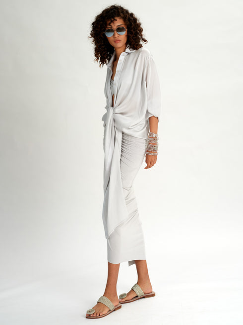 Silk Charmeuse Button Up Top silver grey