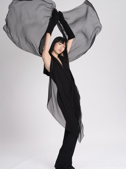 Sleeveless V Neck Plunge Bodysuit with Chiffon black