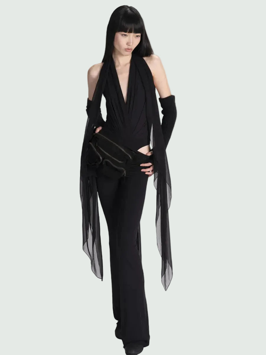 Signature Jersey V Neck Bodysuit with Chiffon Scarf Urban Zen