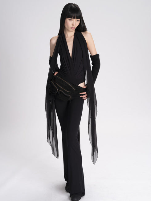 Signature Jersey V Neck Bodysuit with Chiffon Scarf Urban Zen
