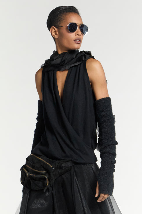 Black Sleeveless Cross Front Cashmere Sweater Frenckenberger