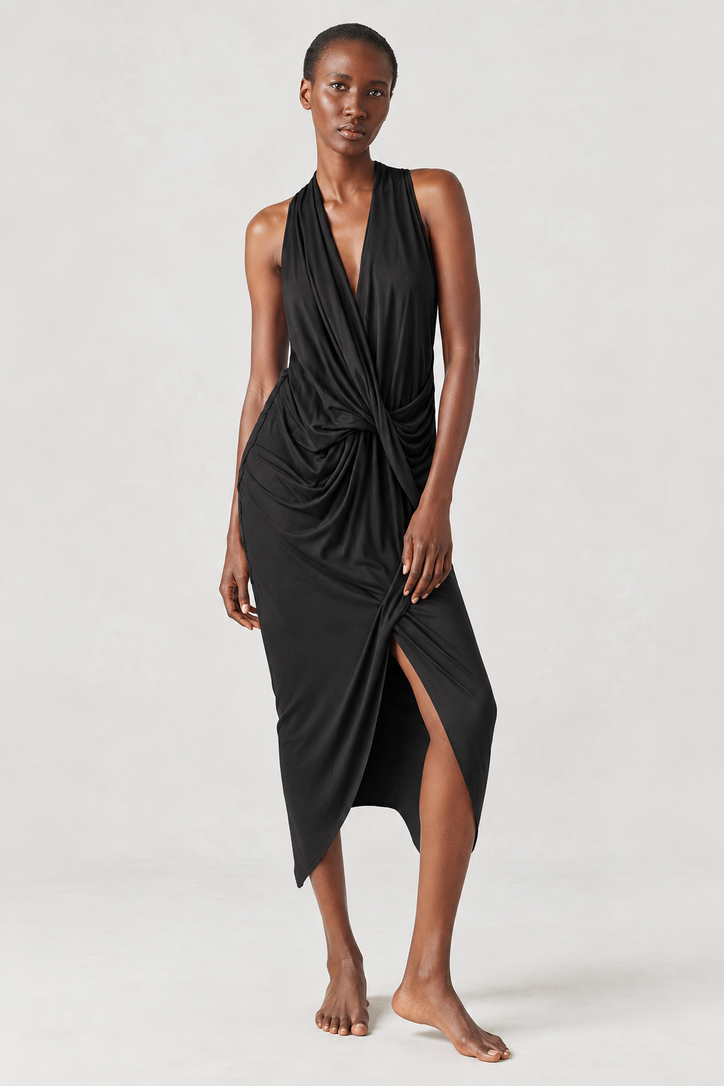 Jersey V Neck Draped Dress Black Urban Zen
