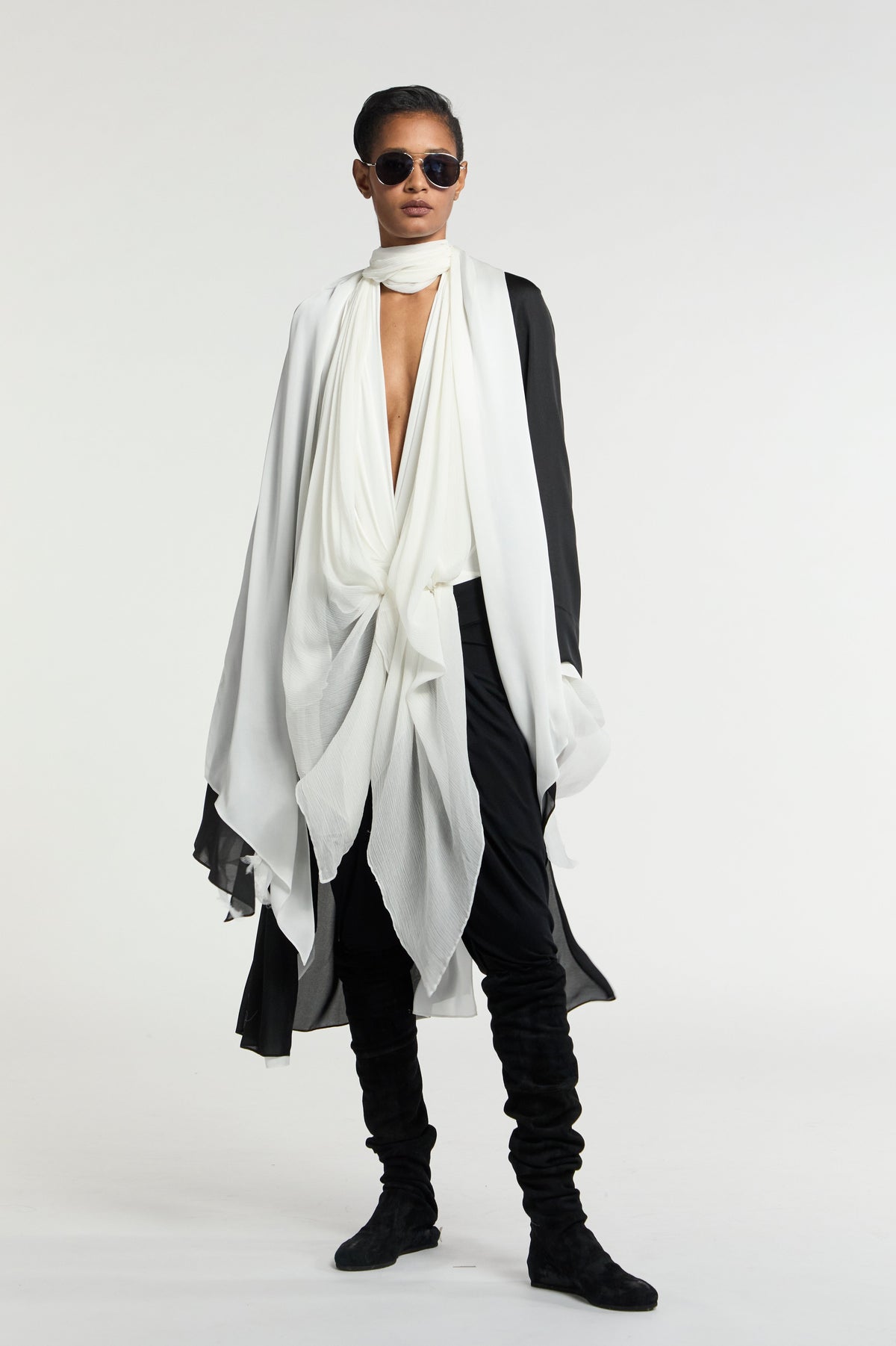 Signature Jersey V neck bodysuit chiffon scarf ivory XS S M L