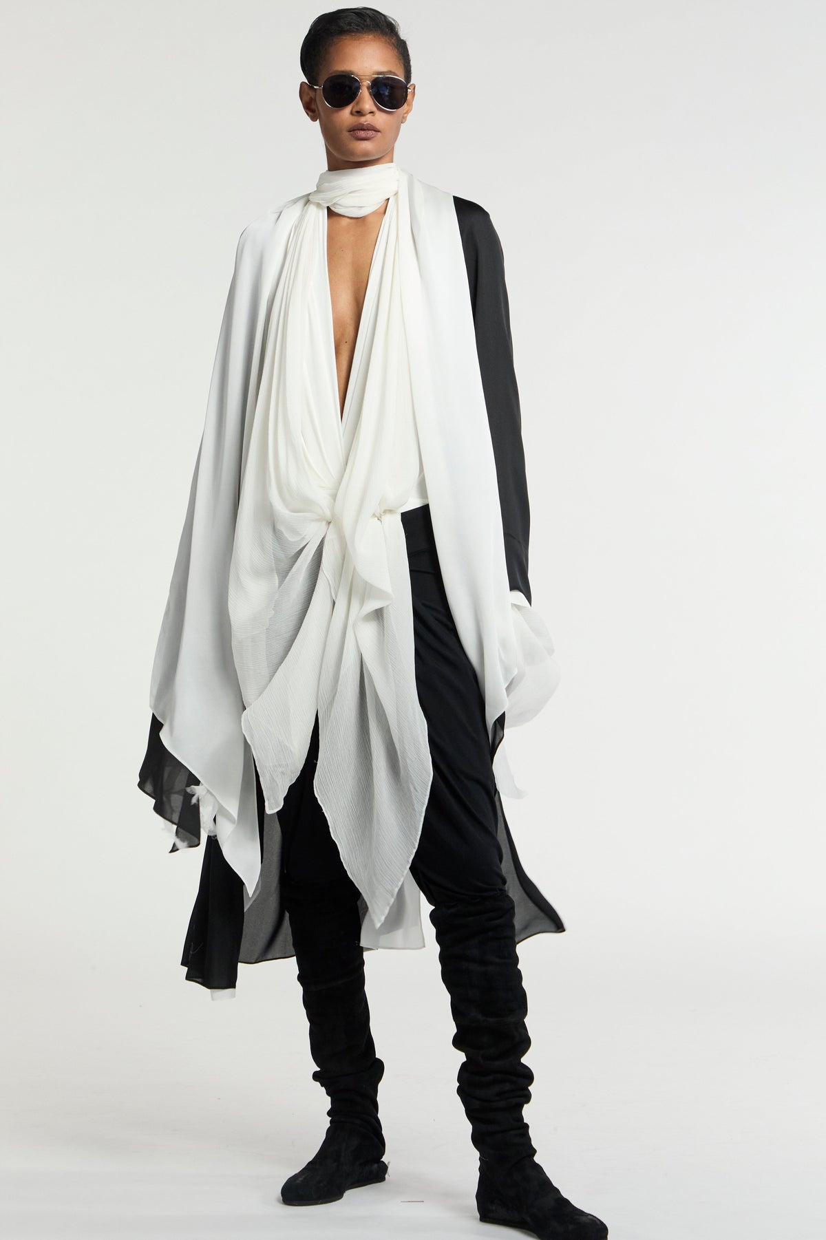 Signature Jersey V neck bodysuit chiffon scarf ivory XS S M L
