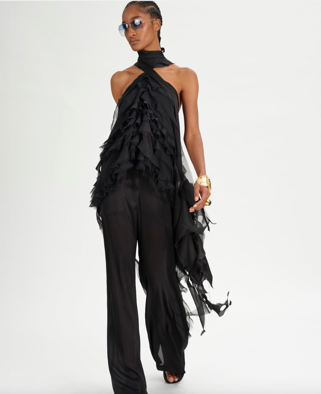 Atelier Hand Sewn Silk Ruffle Halter Top Black Urban Zen