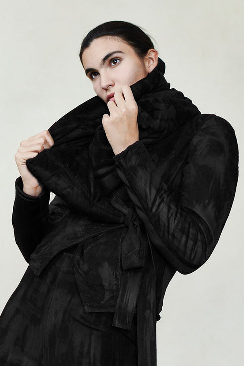 Suede High Neck Padded Jacket Black XS S M L