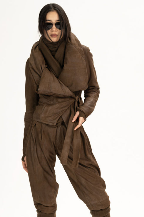 Suede High Neck Padded Jacket Moss XS S M L