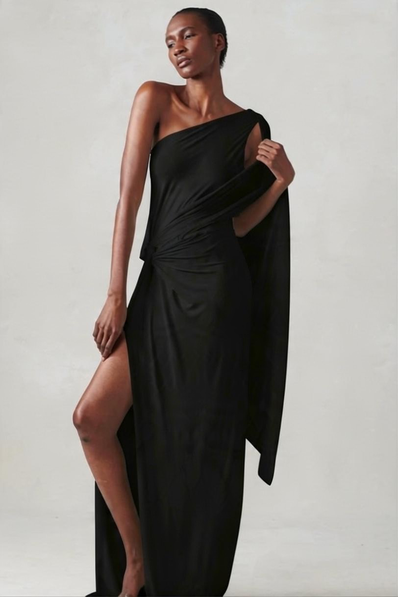 One Shoulder Long Cape Dress Black XS S M L