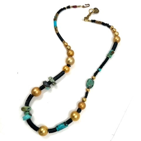 Robert Lee Morris Long Turquoise and Black Coco Necklace Gold Plated Brass Robert Lee Morris