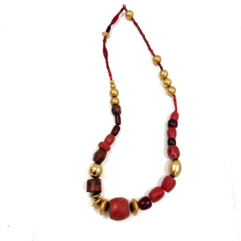 Robert Lee Morris Red Necklace #1 African Glass Trading Beads, Sponge Coral Agate, Carnelian Gold Plated Brass Robert Lee Morris