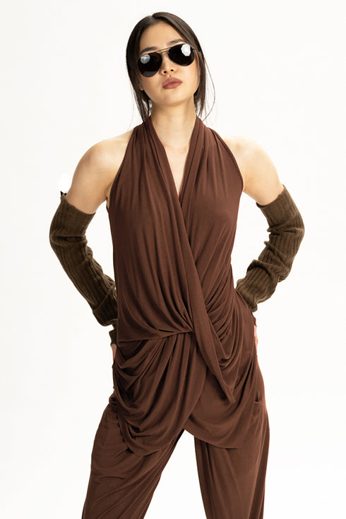 Jersey V Neck Draped Top Russet XS S M L