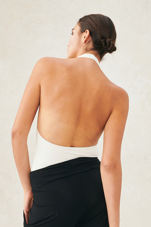 Jersey V-Neck Halter Bodysuit Ivory
