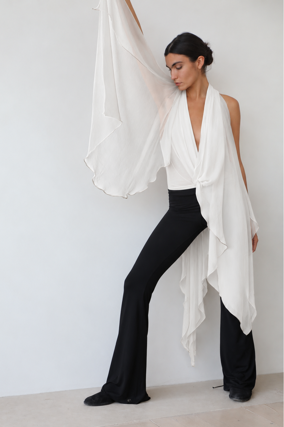 Signature Jersey V Neck Bodysuit Chiffon Scarf Ivory
