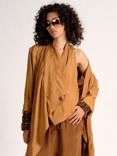 Silk High Neck Cross Over Vest ochre brown