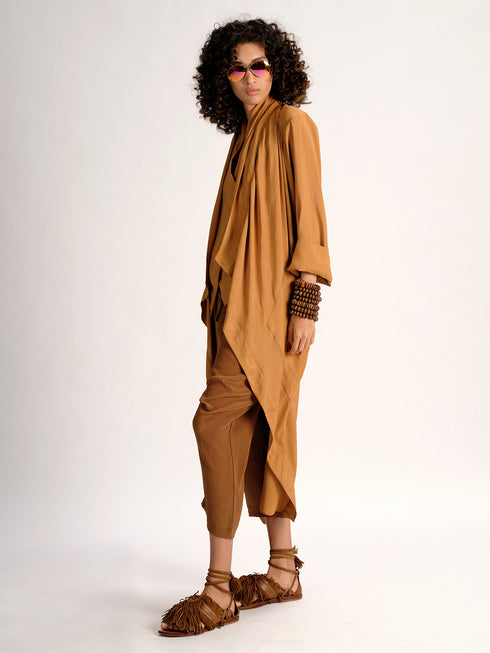 Silk Draped Cross Back Coat ochre brown