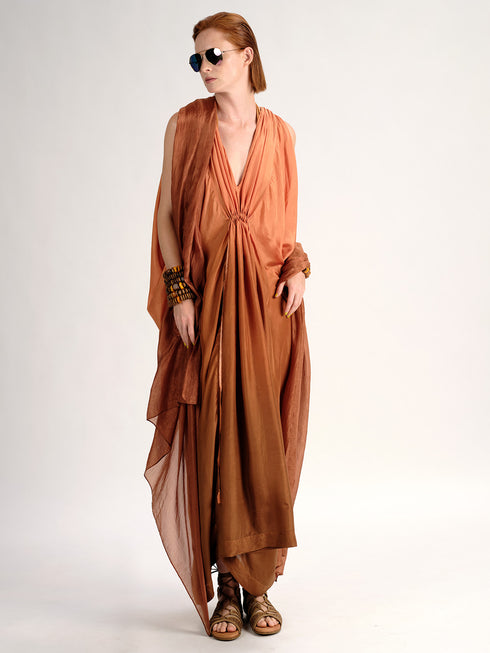 Silk Drawstring Kaftan yam orange brown