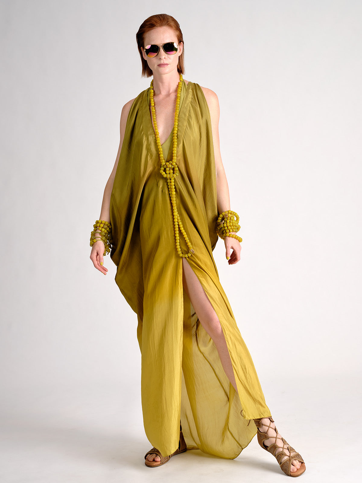 Cold Shoulder Silk Dress citron yellow