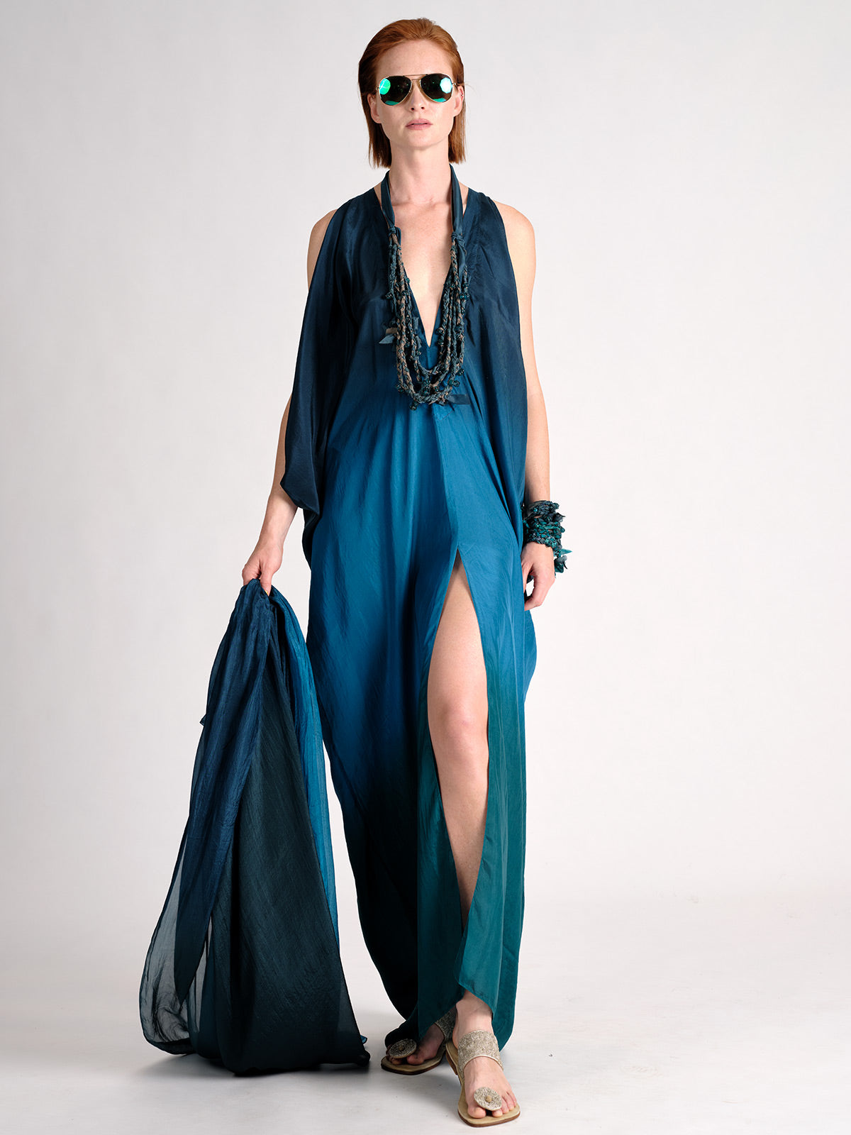 Cold Shoulder Silk Dress Wedgewood blue